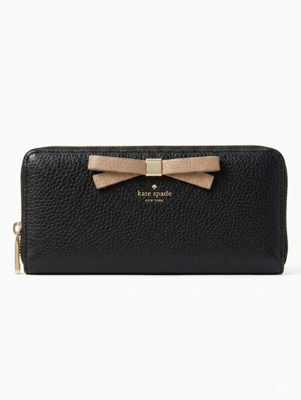 kate spade Black Leather Zip-Around Wallet with Beige Bow Accent